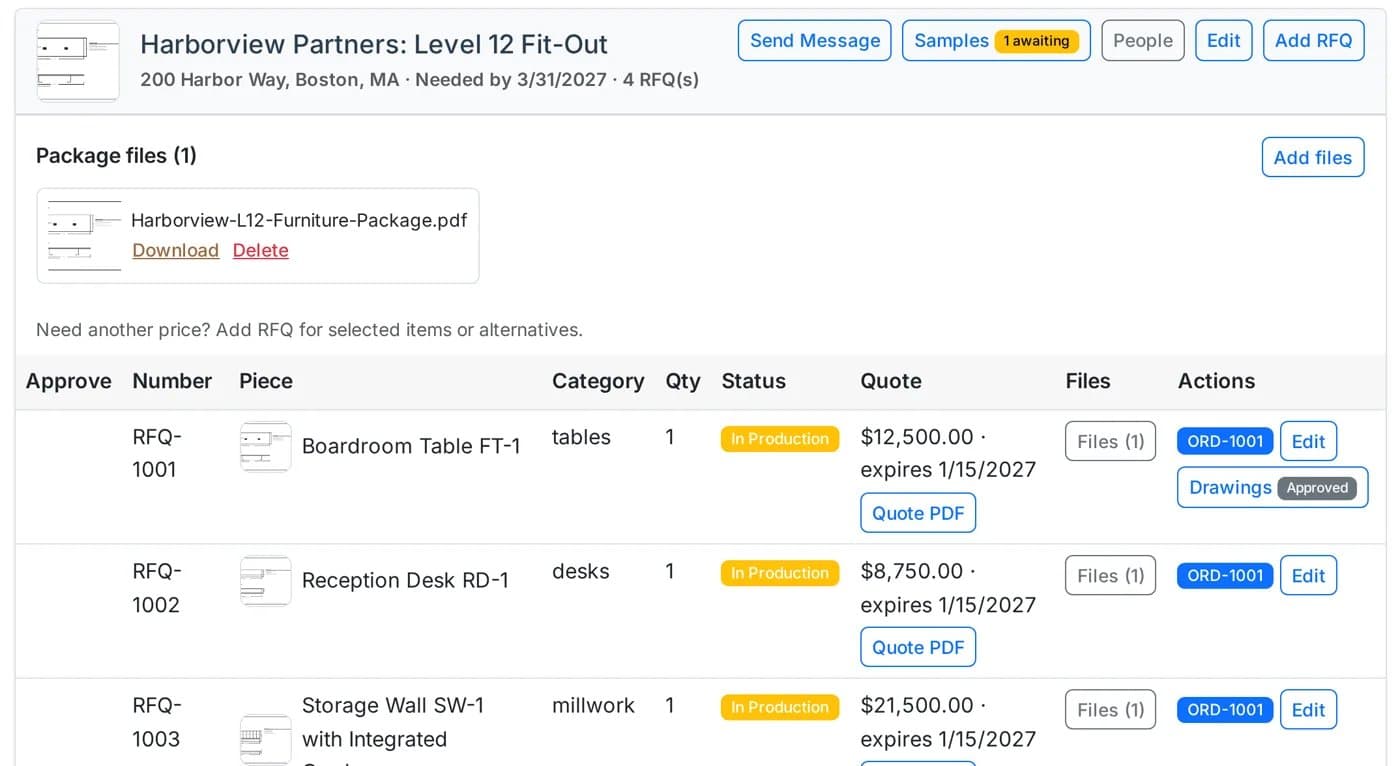 BespokeQuote.furniture dashboard with a project package, quote lines, and order actions