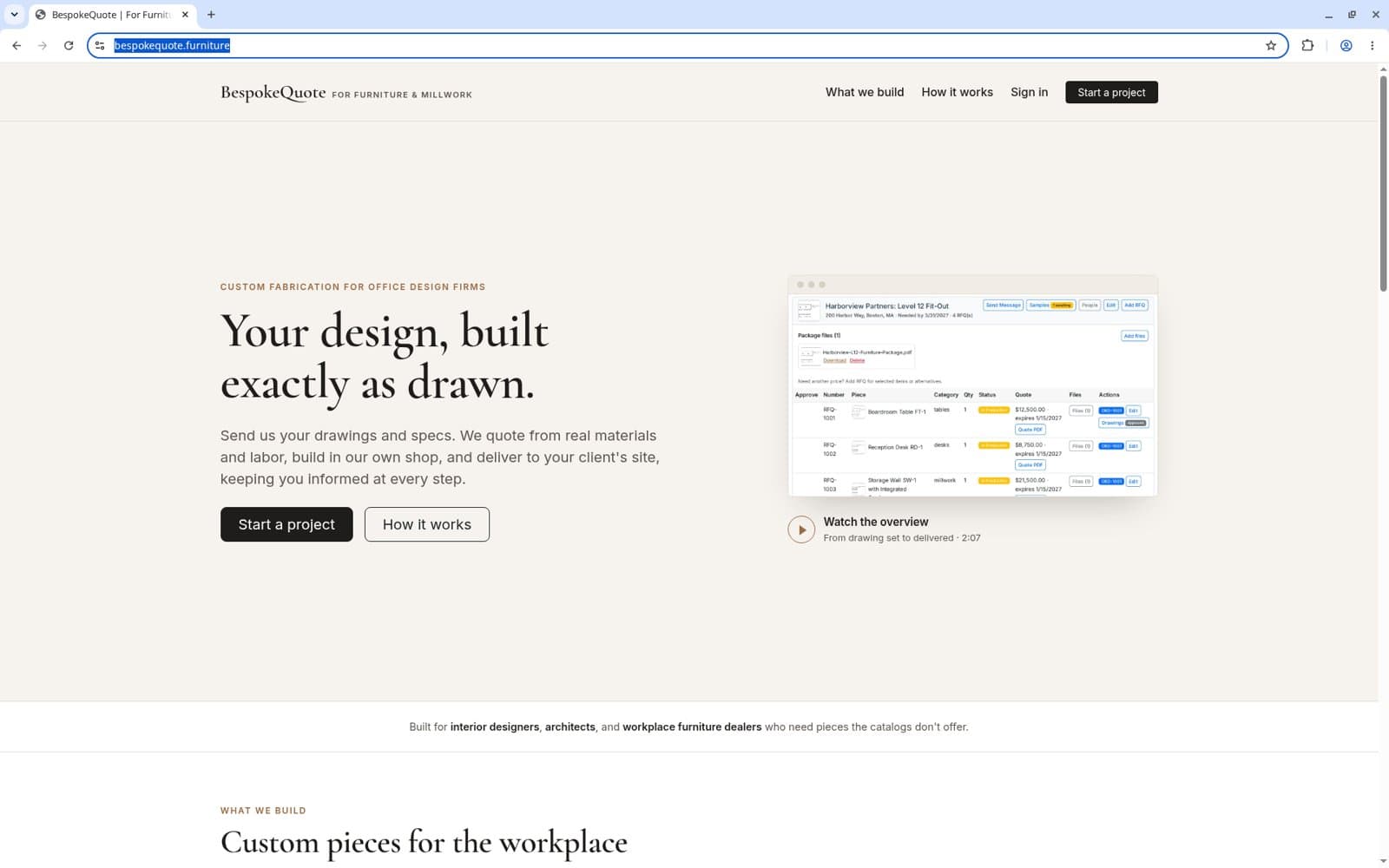 BespokeQuote.furniture home page with steps from uploading drawings to a reviewed quote and delivery tracking